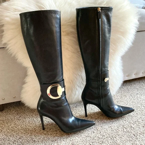 ‼️SALE‼️🔥HP!🔥Sexy Gucci Black Leather Knee Stiletto Boot - Picture 2 of 16